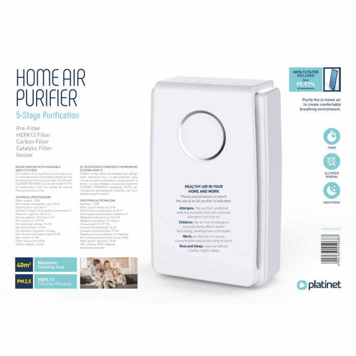 Purificator de aer Platinet 45068, 45W, 218m³/ora, cu ionizare, 4 nivele de filtrare, 20-59db, filtru HEPA 13 [7]