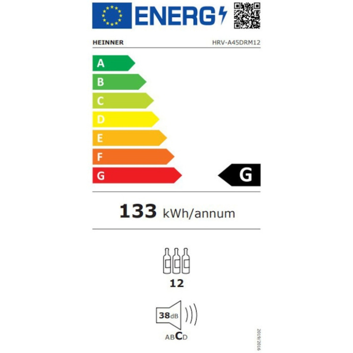 Racitor de vinuri Heinner HRV-A45DRM12, 45 l / 12 sticle, Clasa G, Display digital, Control tactil, Interval setare temperatur 5~20°C, Lumina led, 5 rafturi cromate, Usa reversibila, Usa cu geam dublu, Negru [2]