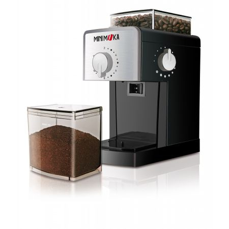 Rasnita de cafea Minimoka, 110 W, 180 g, macinare reglabila, cutit inox, freze plane, protectie pornire accidentala, carcasa inox, Argintiu/Negru [8]