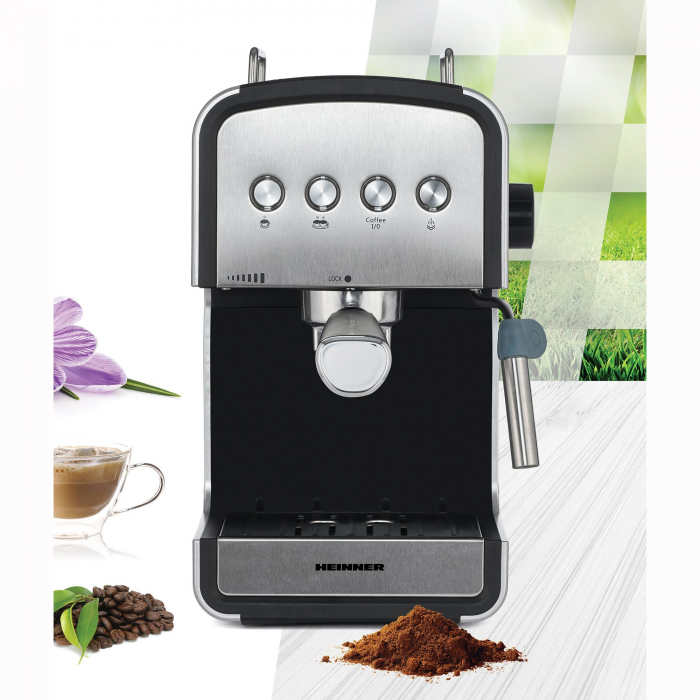 Espressor semi-automat Heinner HEM-B2012SA, 20 bar, 850W, rezervor apa detasabil 1.2l, optiuni presetate pentru espresso lung/scurt, filtru din inox, plita pentru mentinere cafea calda, decoratii inox [3]