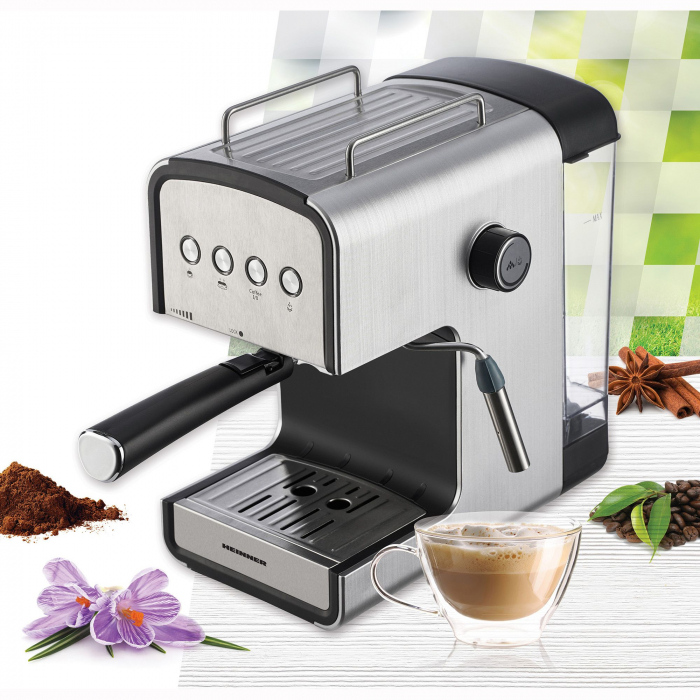 Espressor semi-automat Heinner HEM-B2012SA, 20 bar, 850W, rezervor apa detasabil 1.2l, optiuni presetate pentru espresso lung/scurt, filtru din inox, plita pentru mentinere cafea calda, decoratii inox [4]
