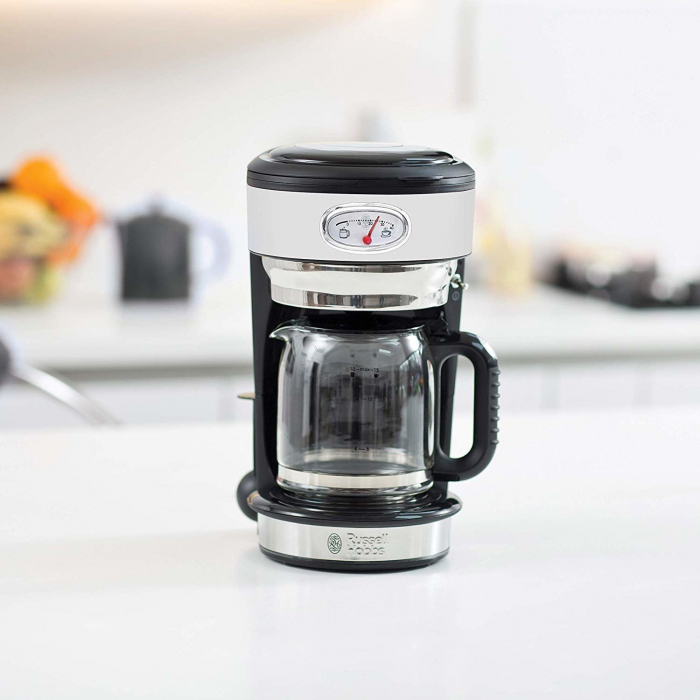 Cafetiera Russell Hobbs Retro Classic Blanc 21703-56, 1000 W, 1,25 l, Tehnologie avansata cu dus, Functie pause and pour, Mentinere la cald, Alb/Inox [2]