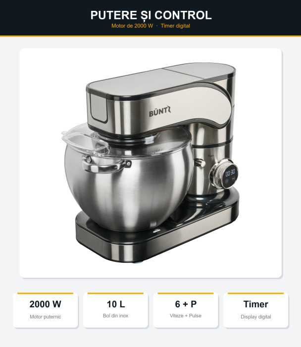 Robot de bucatarie Buntz BMP-2000SL, 2000 W, Bol 10 L Inox, 6 Viteze, Functie Pulse, display Tactil, Mixer, Tocator si Blender, Inox [4]