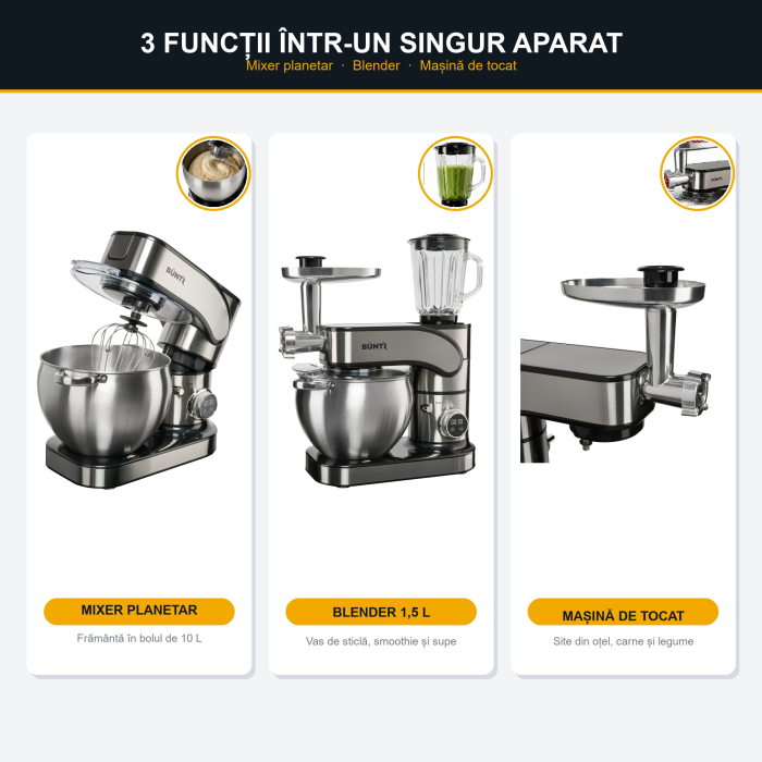 Robot de bucatarie Buntz BMP-2000SL, 2000 W, Bol 10 L Inox, 6 Viteze, Functie Pulse, display Tactil, Mixer, Tocator si Blender, Inox [3]