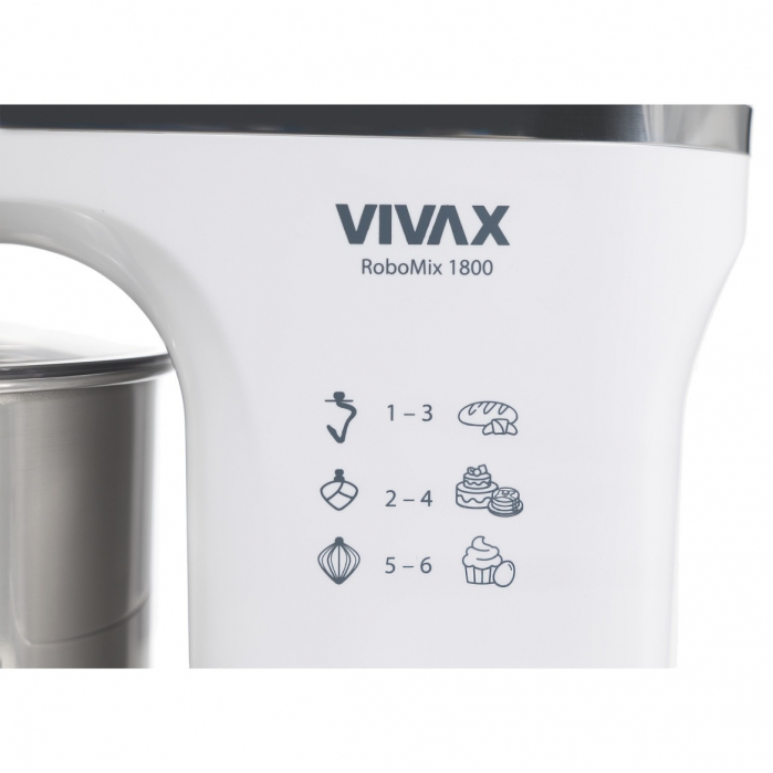 Robot mixer Vivax RM-71800WH, 1800 W, 6 Viteze + Turbo, 4 Accesorii, Bol otel inoxidabil, Alb/Argintiu [4]