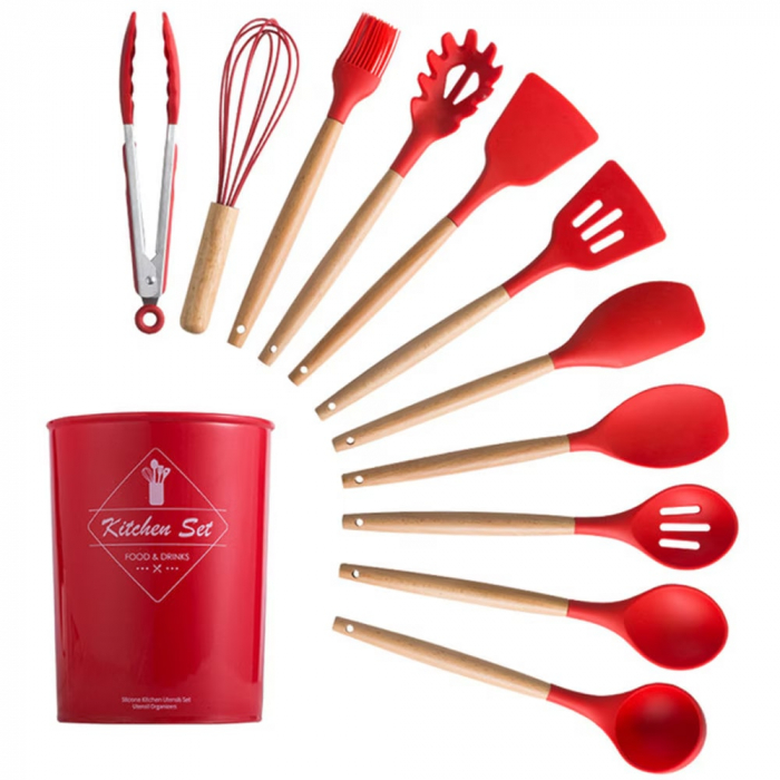 Set ustensile bucatarie 12 piese Lemn si Silicon alimentar, Termorezistente, Antiaderente, Suport Blat, Rosu [4]