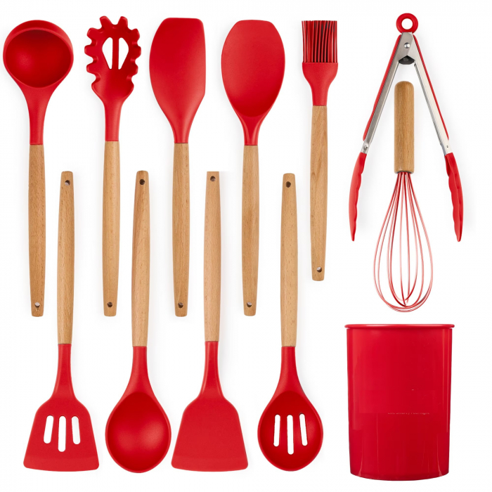 Set ustensile bucatarie 12 piese Lemn si Silicon alimentar, Termorezistente, Antiaderente, Suport Blat, Rosu [5]