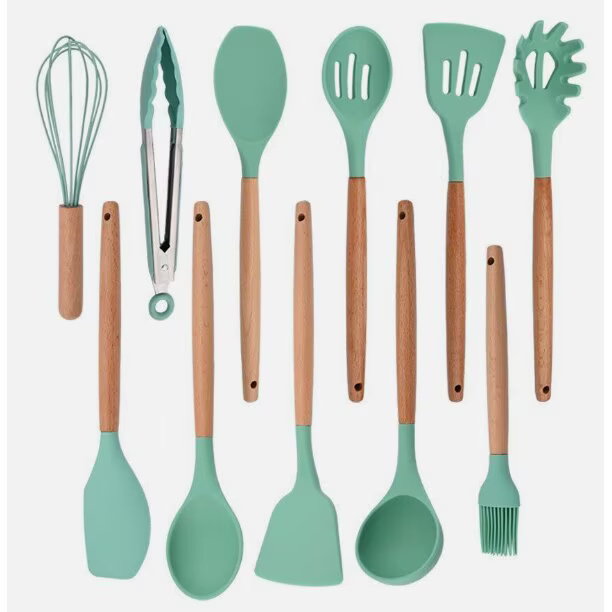 Set ustensile bucatarie 12 piese Lemn si Silicon alimentar, Termorezistente, Antiaderente, Suport Blat, Turcoaz [2]