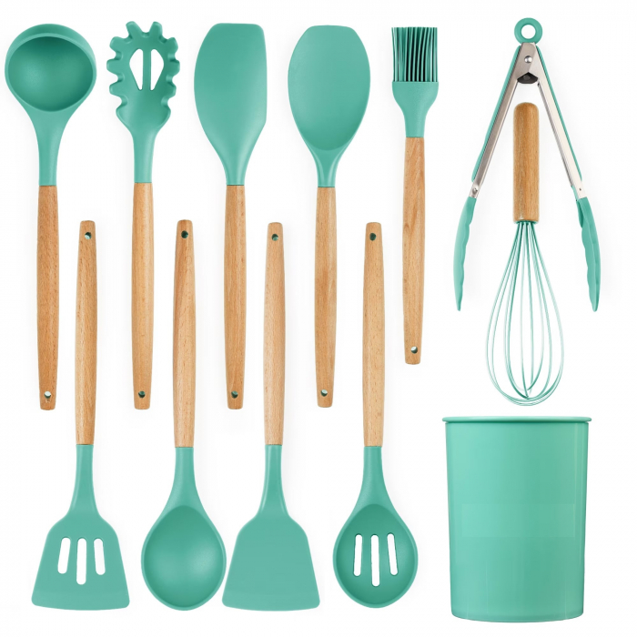 Set ustensile bucatarie 12 piese Lemn si Silicon alimentar, Termorezistente, Antiaderente, Suport Blat, Turcoaz [5]