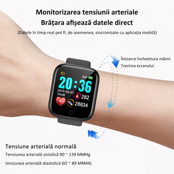 Smartwatch Y68, 1.30'', IPS, Bluetooth 4.0, IP67, Monitorizare puls/pasi/somn/activitati fizice/calorii, Negru [7]