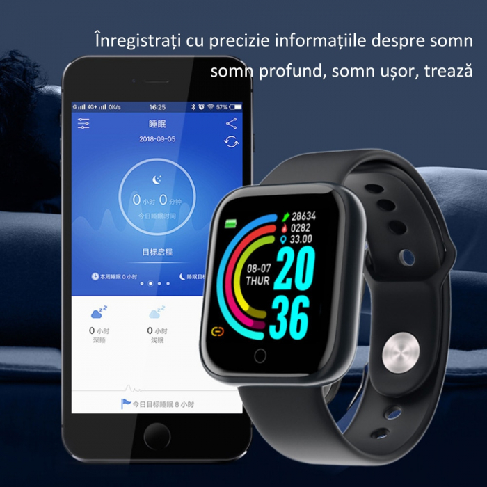 Smartwatch Y68, 1.30'', IPS, Bluetooth 4.0, IP67, Monitorizare puls/pasi/somn/activitati fizice/calorii, Negru [3]