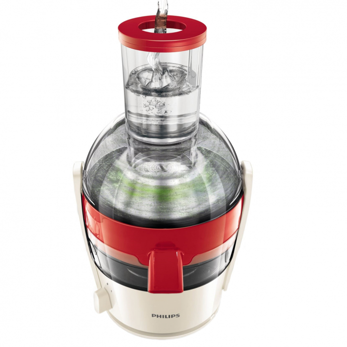 Storcator de fructe si legume Philips Viva Collection HR1855/90, 800 W, Recipient suc 0.8 l, Recipient pulpa 1.2 l, 1 Viteza, Tub de alimentare 75 mm, Alb/Rosu [3]