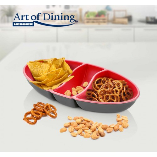 Tava aperitiv plastic ovala, Art of Dinning by Heinner, 3 compartimente, 25.5x15x3 cm, rosu-gri [2]
