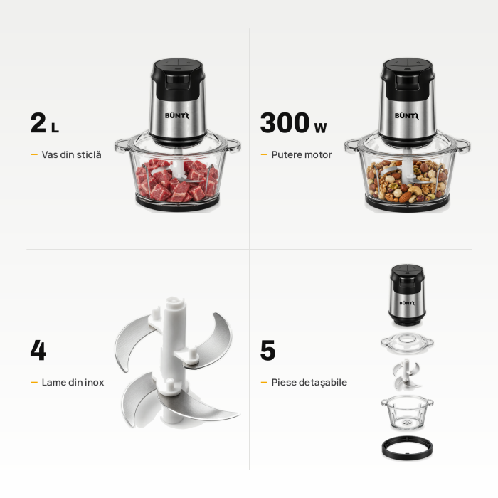 Tocator Electric BUNTZ, BFC-300S, Bol din Sticla 2L, 4 Lame din Otel Inoxidabil, 300W, Motor cu Bobinaj din Cupru, Protectie la Supraincalzire, Buton de Siguranta, Tocator pentru Carne, Legume, Fructe [6]