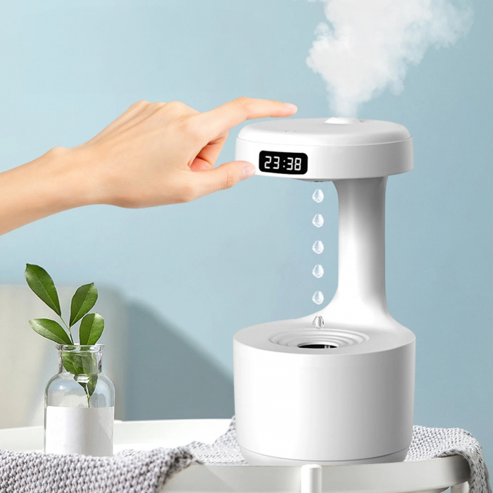 Umidificator De Aer, Sistem Anti-Gravitatie, Pulverizare Ceata Rece, Silentios, Alimentare USB, Capacitate 800ml, Lumina Ambientala, Afisaj Digital Ora, Oprire Automata, Alb [8]