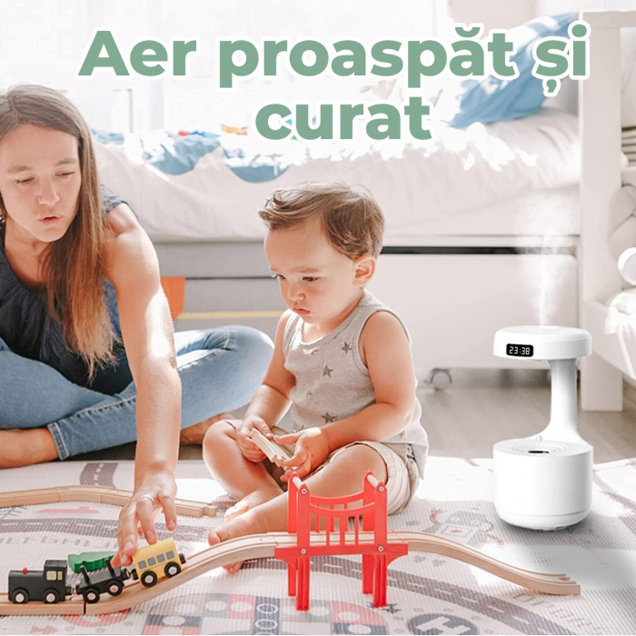 Umidificator De Aer, Sistem Anti-Gravitatie, Pulverizare Ceata Rece, Silentios, Alimentare USB, Capacitate 800ml, Lumina Ambientala, Afisaj Digital Ora, Oprire Automata, Alb [9]