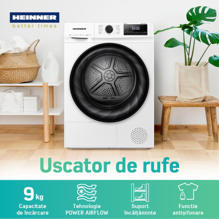 Uscator de rufe Heinner HHPD-H90FRA++, Pompa de caldura, 9 kg, 15 programe, Clasa D, Display LED, Power AirFlow, Alb [2]