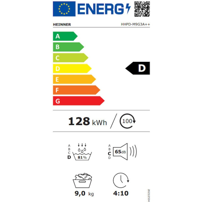 Uscator de rufe HEINNER HHPD-M9G3A++, Pompa de caldura, 9 kg, 14 programe, Clasa A++/D, Display LED, Lumina cuva, Indicator curatare filtru scame, Indicator rezervor colectare apa plin, Blocare acces copii, Alb [2]