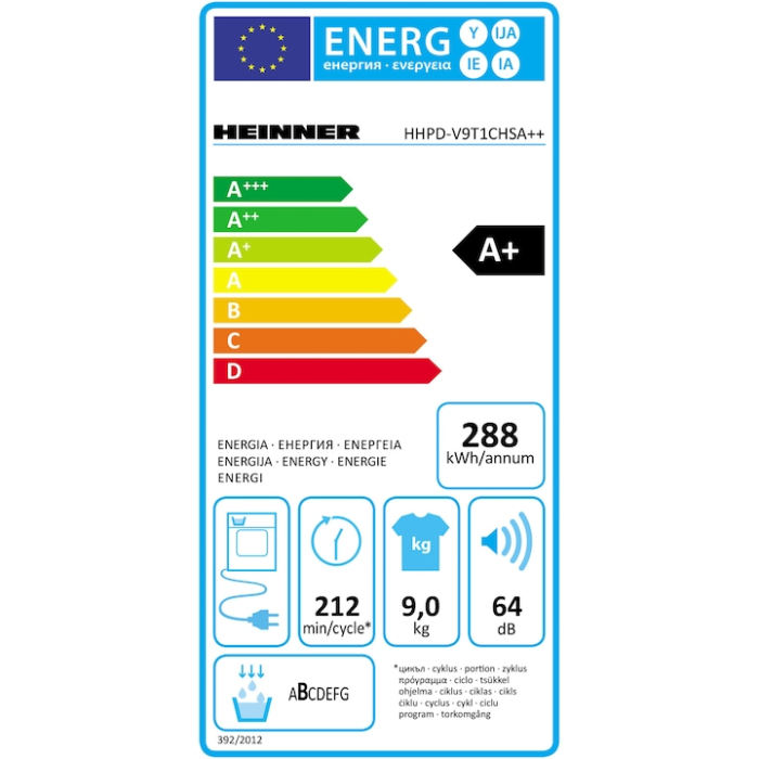 Uscator de rufe Heinner HHPD-V9T1CHSA++, Pompa de caldura, 9 kg, Clasa A+/E, Display Led, Functie Anti-sifonare, Argintiu [2]