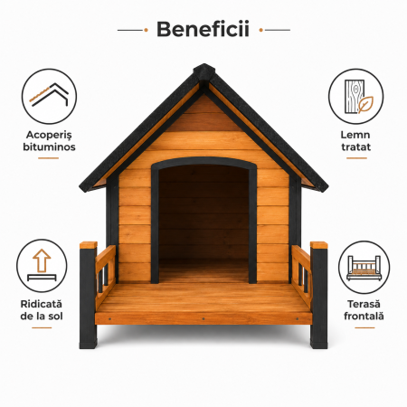 Casuta pentru caini din lemn, BUNTZ, cu terasa frontala, acoperis bitumat, baza ridicata, pentru talie medie si mare, 98 x 88 x 88.5 cm, maro/negru [1]