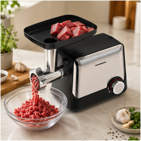 Masina de tocat Heinner DualSteel HMG-2100BKS3, 2100W, 1.8 kg/min, 2 viteze + Reverse, accesoriu rosii, accesorii kibbe si carnati, cutit inox, 3 site metalice, negru/inox [2]