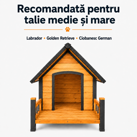Casuta pentru caini din lemn, BUNTZ, cu terasa frontala, acoperis bitumat, baza ridicata, pentru talie medie si mare, 98 x 88 x 88.5 cm, maro/negru [5]