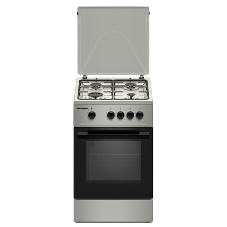 Electrocasnice mari - Aragaz HEINNER HFSC-K50SL, Gaz, 4 arzatoare, Duze GPL incluse, Tava si gratar cromat, 50 cm Argintiu