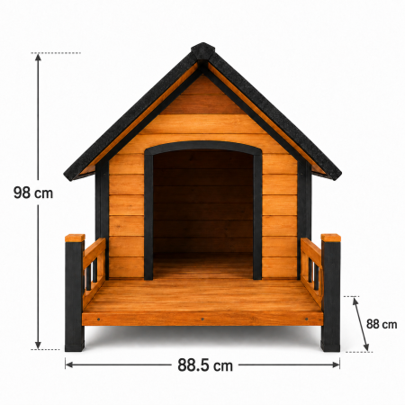 Casuta pentru caini din lemn, BUNTZ, cu terasa frontala, acoperis bitumat, baza ridicata, pentru talie medie si mare, 98 x 88 x 88.5 cm, maro/negru [6]
