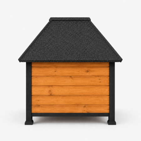 Casuta pentru caini din lemn, BUNTZ, cu terasa frontala, acoperis bitumat, baza ridicata, pentru talie medie si mare, 98 x 88 x 88.5 cm, maro/negru [10]