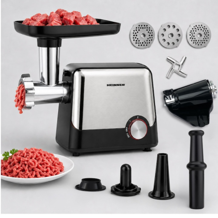 Masina de tocat Heinner DualSteel HMG-2100BKS3, 2100W, 1.8 kg/min, 2 viteze + Reverse, accesoriu rosii, accesorii kibbe si carnati, cutit inox, 3 site metalice, negru/inox [5]