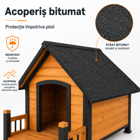 Casuta pentru caini din lemn, BUNTZ, cu terasa frontala, acoperis bitumat, baza ridicata, pentru talie medie si mare, 98 x 88 x 88.5 cm, maro/negru [3]
