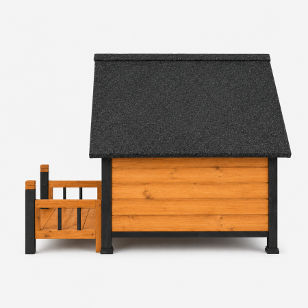 Casuta pentru caini din lemn, BUNTZ, cu terasa frontala, acoperis bitumat, baza ridicata, pentru talie medie si mare, 98 x 88 x 88.5 cm, maro/negru [9]