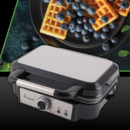 Aparat de facut gofre/vafe Fram FAG-M1000BKSS, 1000W, capacitate 2 gofre, placi fixe cu invelis antiaderent, temperatura ajustabila, indicator luminos, decoratiune inox capac, maner si panel, negru/gri [1]