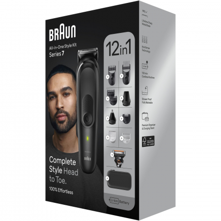 Aparat de tuns multifunctional Braun MGK7460, Wet&Dry, AutoSense, 12-in-1, 2 piepteni ficsi, 4 piepteni, 3 capete, 1 aparat de ras Gillette, autonomie 100 minute, Suport de incarcare, Organizator, Negru [3]
