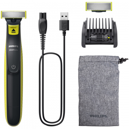 Masini de tuns si barbierit - Aparat hibrid de barbierit si tuns barba Philips OneBlade QP2724/30, pieptene reglabil 5 in 1, reincarcabil, umed si uscat, 45 min, USB-A, husa, capac de protectie, lama inlocuibila suplimentara, Verde lime