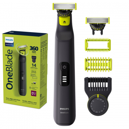 Electrocasnice mici - Aparat hibrid de barbierit si tuns pentru fata si corp PHILIPS OneBlade Pro QP6542/15, 2 lame 360, pieptene cu 20 de setari de lungime (0,4-10 mm), 2 accesorii pentru corp, autonomie 90 min, cablu de alimentare USB-A, fara adaptor pentru priza