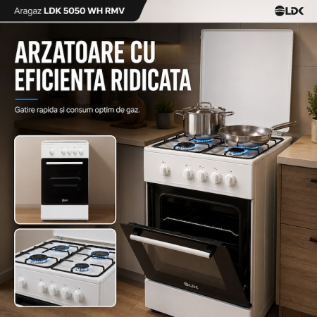 Aragaz LDK 5050 WH RMV, Gaz, 4 Arzatoare, Siguranta, Capac metalic, 50 x 50 cm, Alb [6]