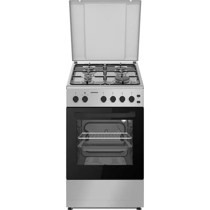 Aragazuri - Aragaz pe gaz Heinner HFSC-S60LITGSL, 4 arzatoare, Lumina cuptor, Dispozitiv de siguranta, Argintiu