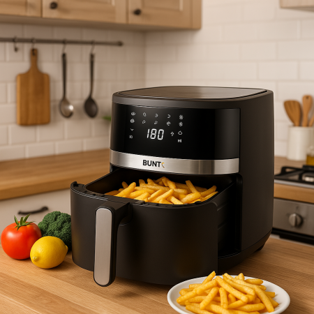 FLASH-SALE - BUNTZ Air Fryer digital, XL, Arete BAF-65S, 1600W, 6.5L, control tactil, 10 programe presetate, termostat reglabil: 80-200˚ C, timer 60 min, Negru