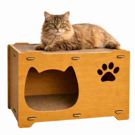 Custi - Set 2 placi de zgariat + casuta din MDF pentru pisici cu placi de zgariat si terasa, Buntz, pentru interior, 44x28.5x30.5cm, Maro - Copie