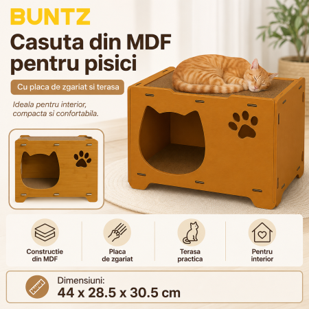 Casuta pentru pisici BUNTZ din MDF si carton, 45x30x30cm, Design modern, Maro [2]