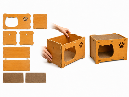 Casuta pentru pisici BUNTZ din MDF si carton, 45x30x30cm, Design modern, Maro [3]