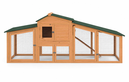 Custi - Casuta pentru gaini si iepuri BUNTZ, cotet din lemn cu tarc exterior, plasa metalica, acoperis bitumat, rampa interioara, 210 x 48 x 85 cm, crem/verde