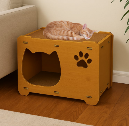 PROMOTII - Casuta pentru pisici BUNTZ din MDF si carton, 45x30x30cm, Design modern, Maro