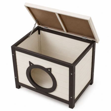 Casuta pentru pisici BUNTZ, lemn, design decorativ cu intrare forma pisica, pentru interior, 50 x 40 x 47.5 cm, crem/maro [2]