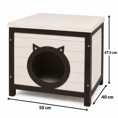 Casuta pentru pisici BUNTZ, lemn, design decorativ cu intrare forma pisica, pentru interior, 50 x 40 x 47.5 cm, crem/maro [3]