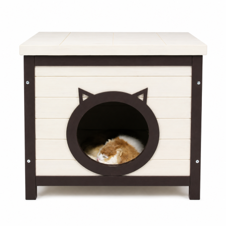 Custi - Casuta pentru pisici BUNTZ, lemn, design decorativ cu intrare forma pisica, pentru interior, 50 x 40 x 47.5 cm, crem/maro