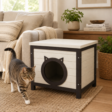 Casuta pentru pisici BUNTZ, lemn, design decorativ cu intrare forma pisica, pentru interior, 50 x 40 x 47.5 cm, crem/maro [5]