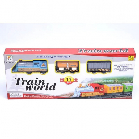 Jucarii - Circuit Tren Electric, 17 piese, 1 locomotiva, 2 vagoane marfa, muticolor