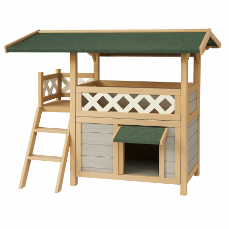 Custi - Cusca Buntz pentru caini si pisici din lemn, cu terasa si acoperis, ideal pentru animale de 5 kg, rezistenta la intemperii, 77.9x57.1x74.4cm, Bej deschis
